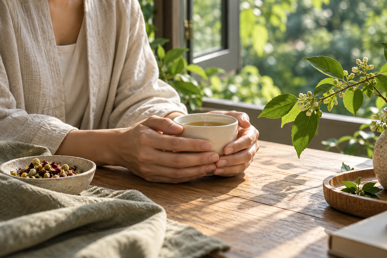 Hands cradling a ceramic cup beside a sunlit window, with linen and fresh green leaves