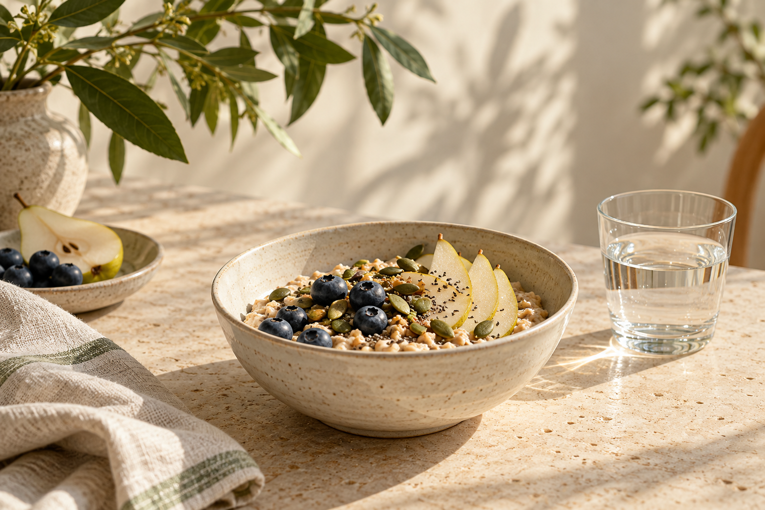 A bowl of oats with fresh fruit and seeds on a sunlit breakfast table