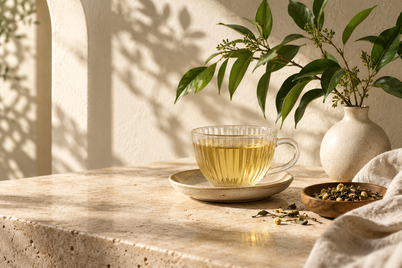 Herbal tea, fresh green leaves and soft linen in warm morning light